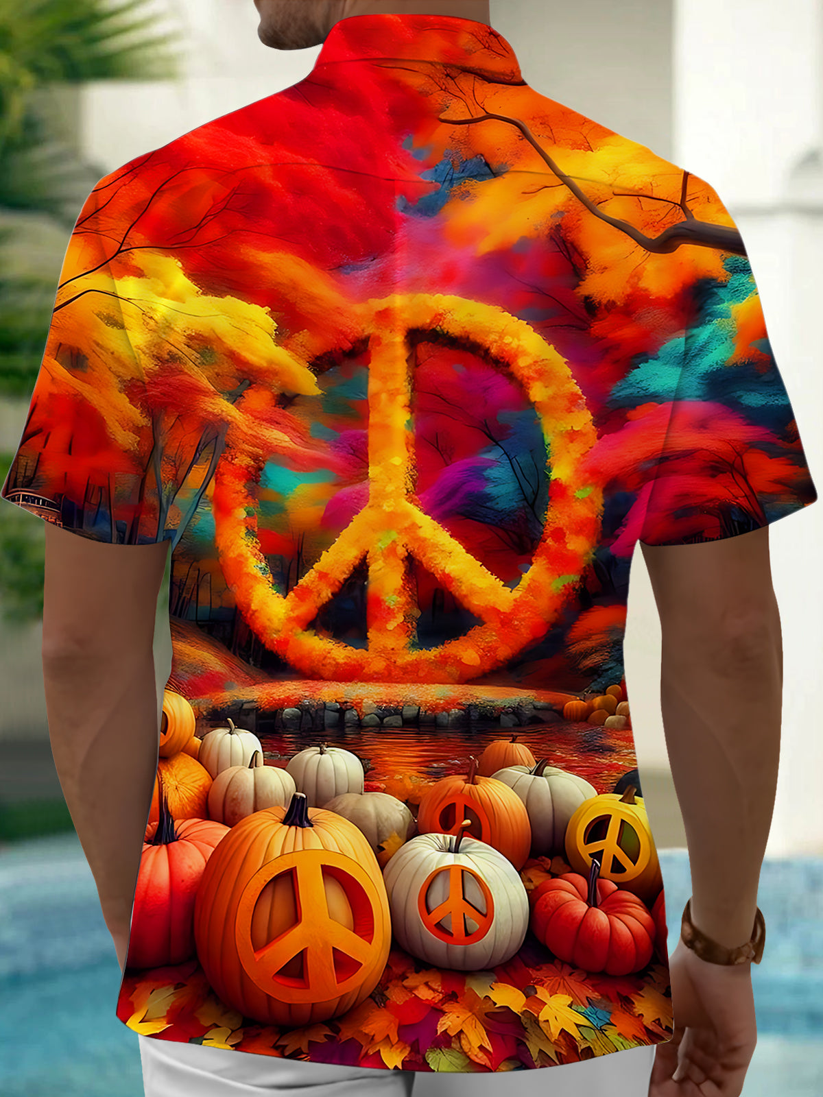 Adaychic Men's Graphic Autumn Peace Symbol Print Short Sleeve Shirt with Chest Pocket