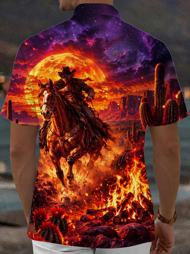Adaychic Men's Printed Cowboy On Horse Print Short Sleeve Shirt with Chest Pocket