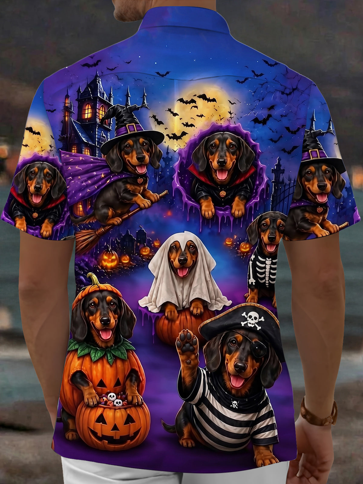 Adaychic Men's Graphic Halloween Dachshund Print Short Sleeve Shirt with Chest Pocket