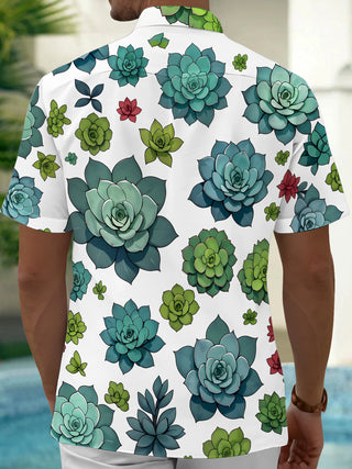 Adaychic Men's Hawaiian Succulent Plants Print Short Sleeve Shirt with Chest Pocket