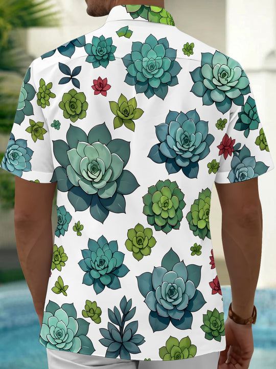 Adaychic Men's Hawaiian Succulent Plants Print Short Sleeve Shirt with Chest Pocket