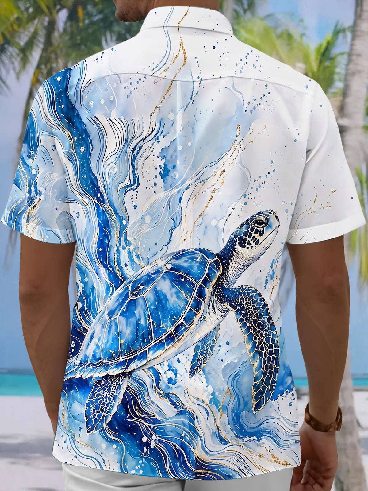Adaychic Men's Graphic Blue Sea Turtle Wave Print Short Sleeve Button Down Shirt with Chest Pocket