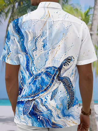 Adaychic Men's Graphic Blue Sea Turtle Wave Print Short Sleeve Button Down Shirt with Chest Pocket