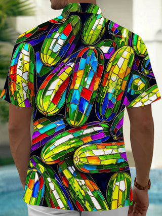 Adaychic Men's Hawaiian Stained Glass Cucumber Pattern Short Sleeve Shirt with Chest Pocket