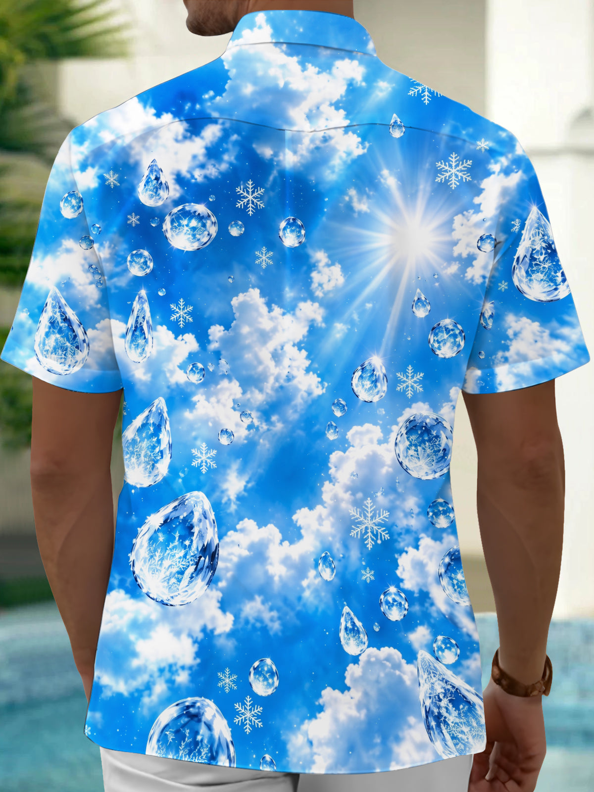 Adaychic Men's Hawaiian Ice Crystals Print Snowflakes Print Short Sleeve Shirt