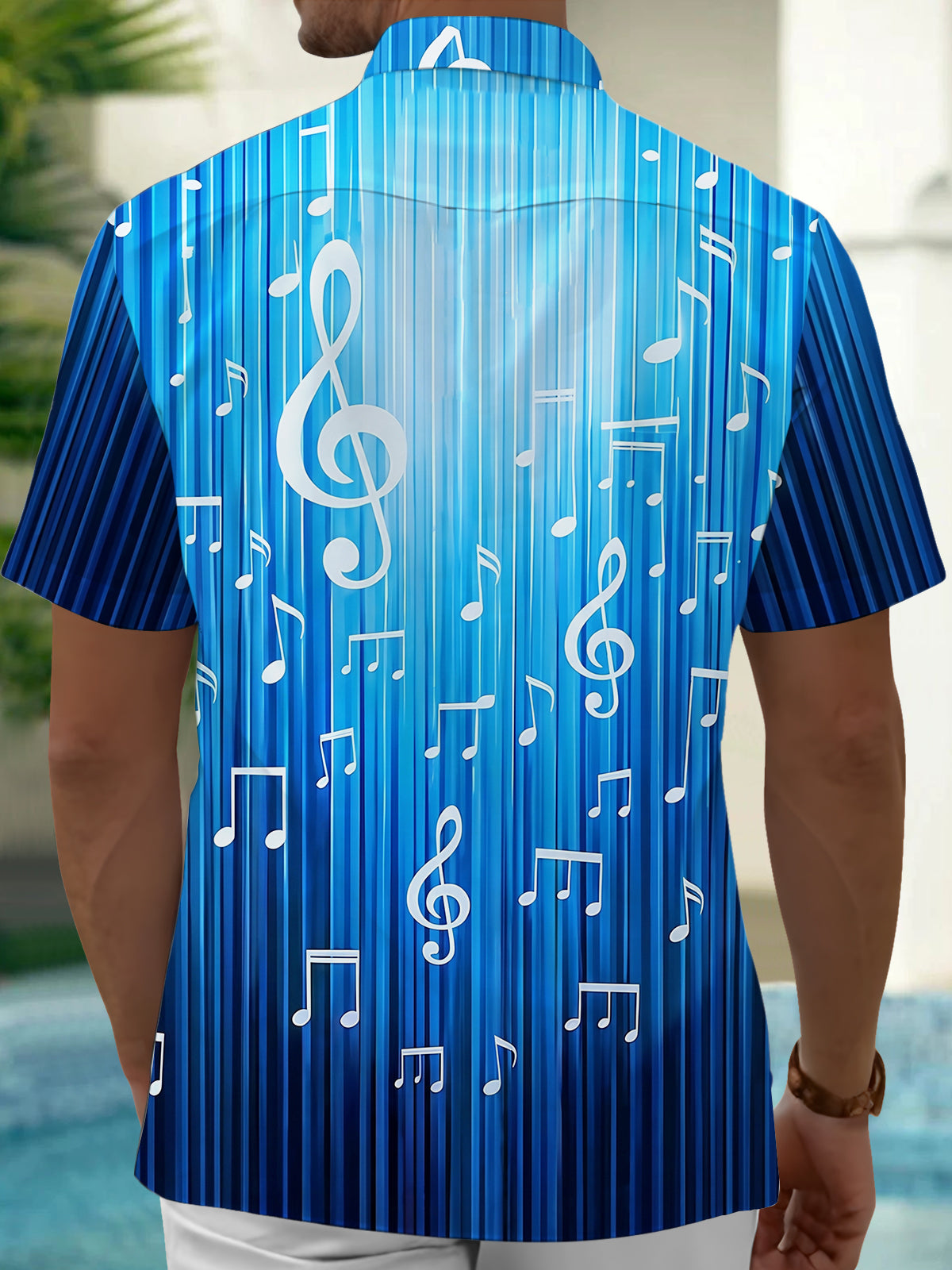 Adaychic Men's Striped Musical Notes Print Treble Clef Print Short Sleeve Shirt with Chest Pocket