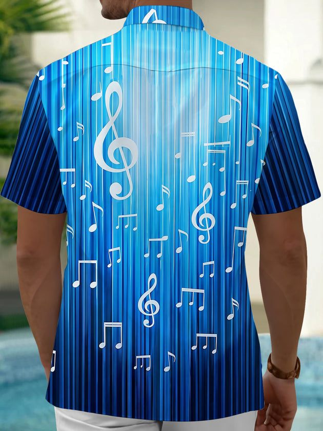 Adaychic Men's Striped Musical Notes Print Treble Clef Print Short Sleeve Shirt with Chest Pocket