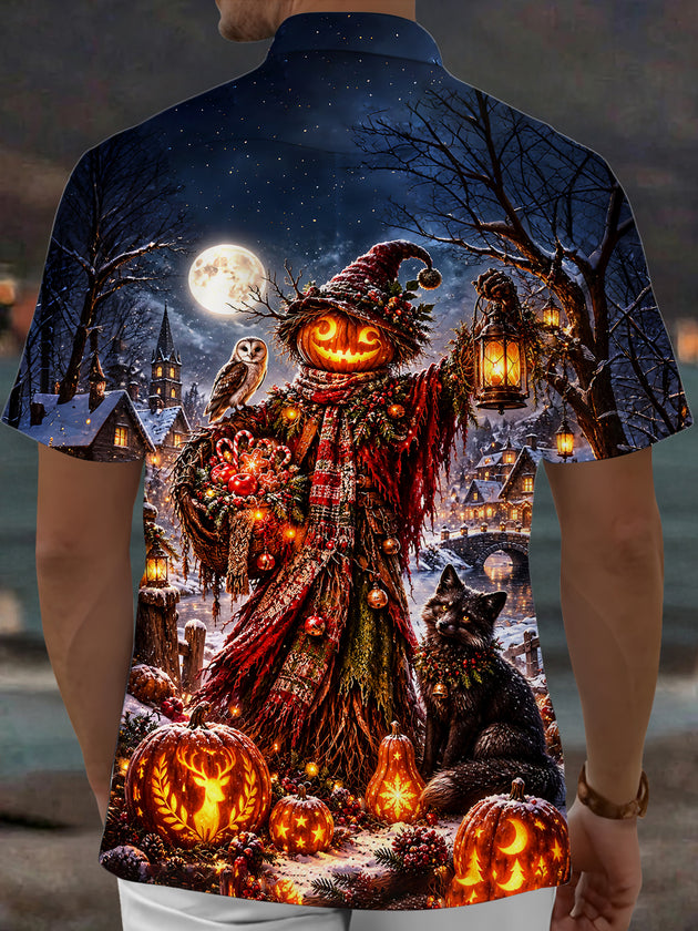 Adaychic Men's Graphic Halloween Scarecrow Print Short Sleeve Shirt with Chest Pocket