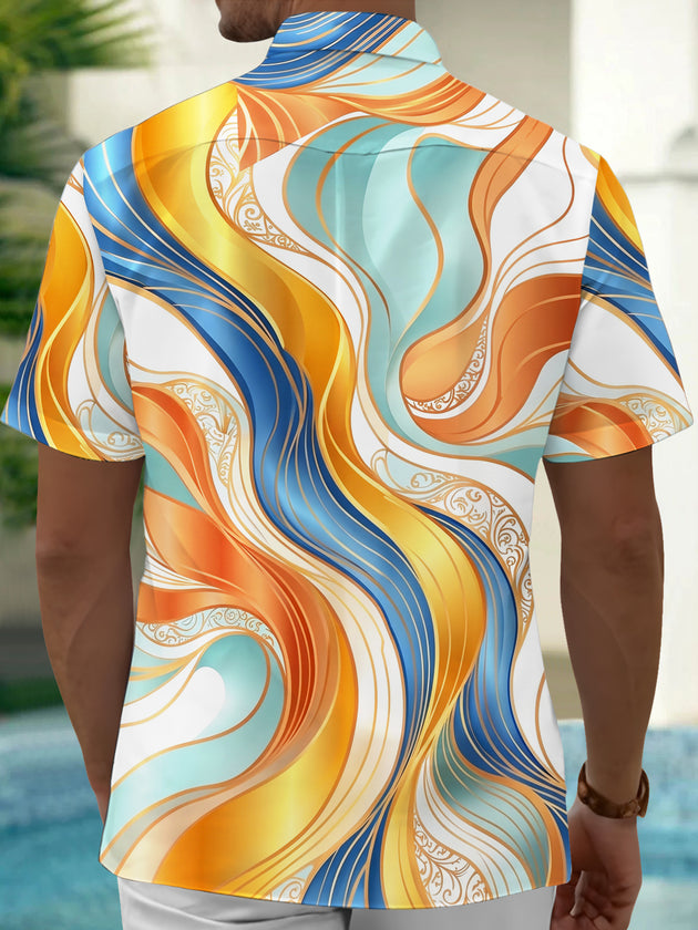 Adaychic Men's Printed Abstract Colorful Waves Print Short Sleeve Shirt with Chest Pocket