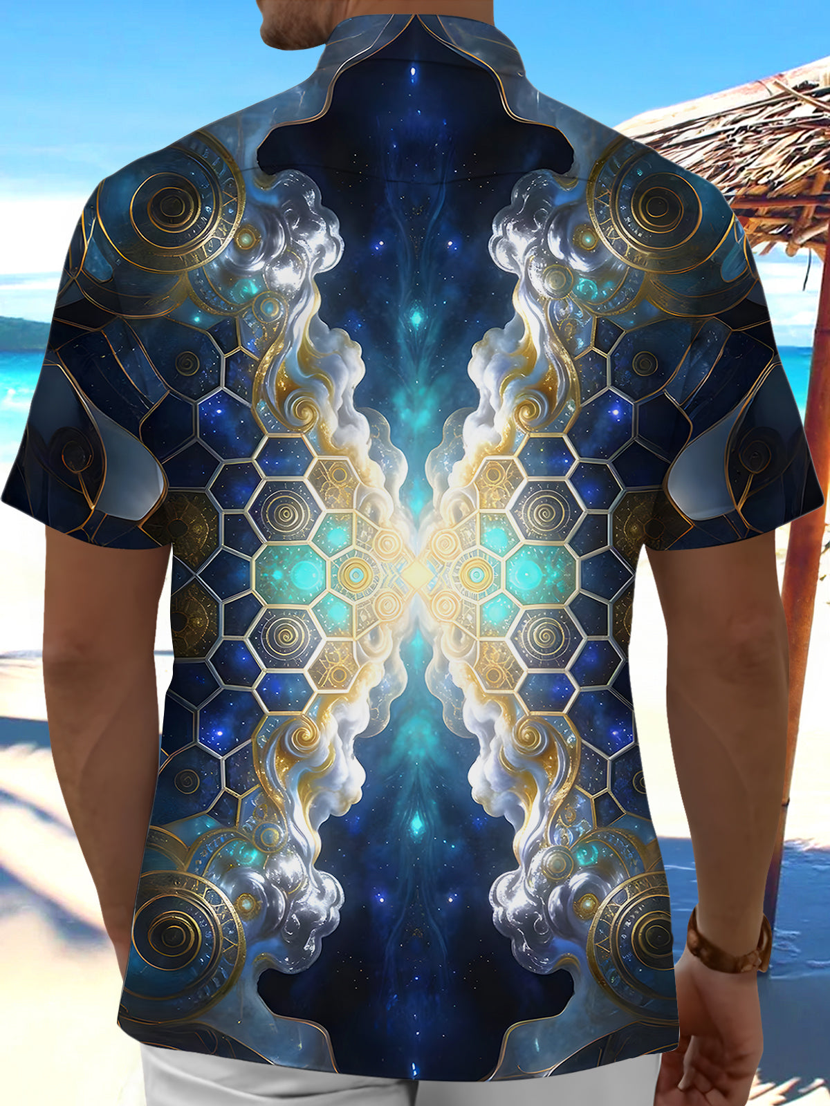 Men's blue Hawaiian short sleeve shirt back view