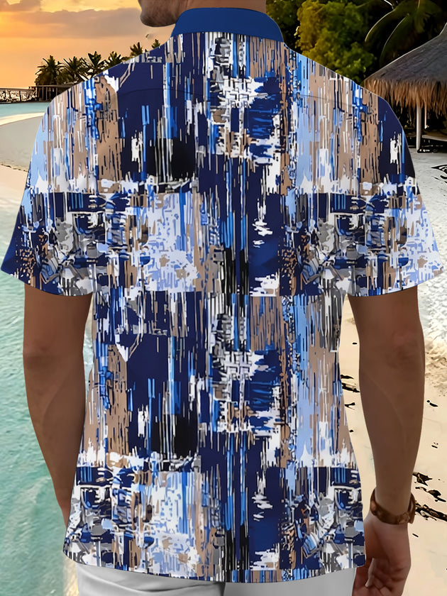 Adaychic Men's Graphic Abstract Vertical Lines Print Short Sleeve Shirt with Chest Pocket
