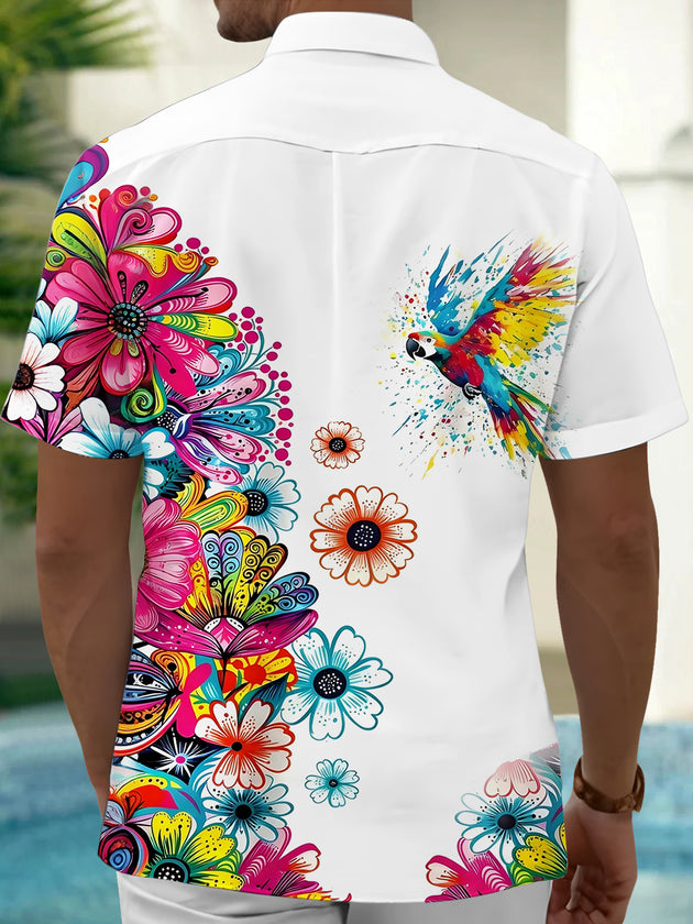 Hawaiian Parrot Floral Men's Pocket Short Sleeve Shirts