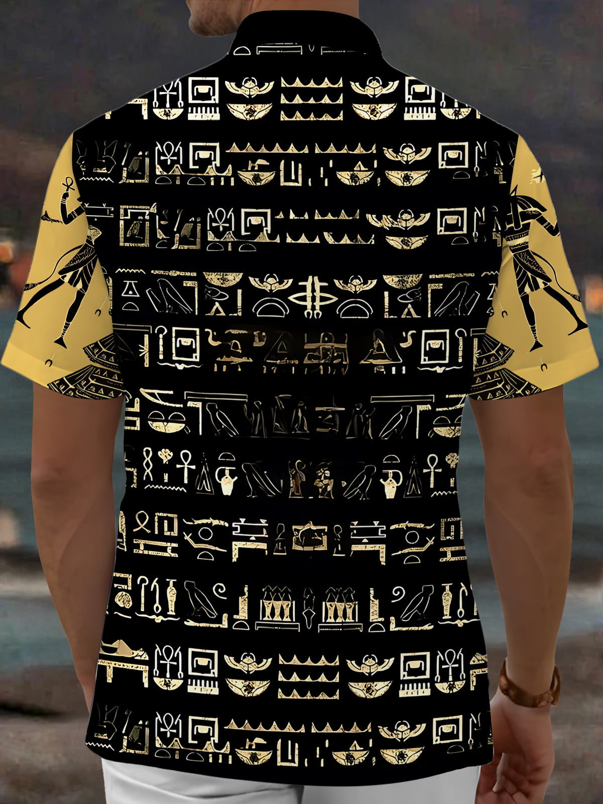 Adaychic Men's Vintage Style Egyptian Hieroglyphs Print Short Sleeve Shirt with Chest Pocket