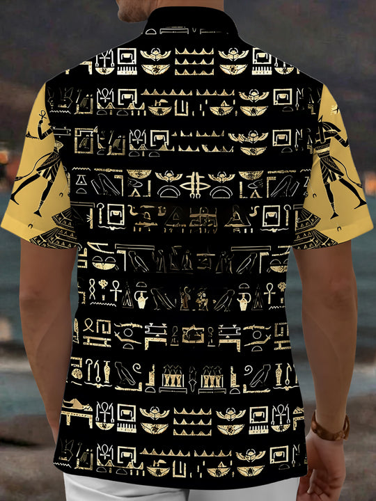 Adaychic Men's Vintage Style Egyptian Hieroglyphs Print Short Sleeve Shirt with Chest Pocket