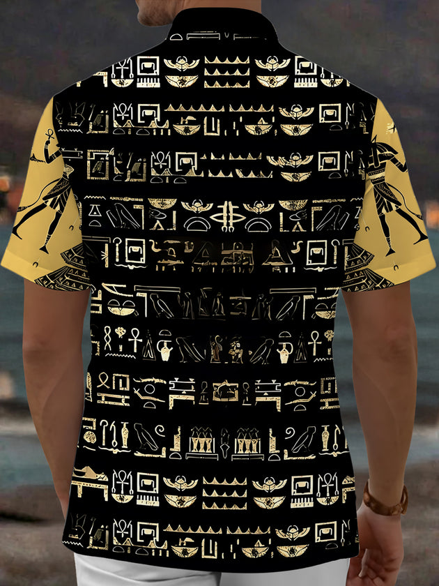 Adaychic Men's Vintage Style Egyptian Hieroglyphs Print Short Sleeve Shirt with Chest Pocket