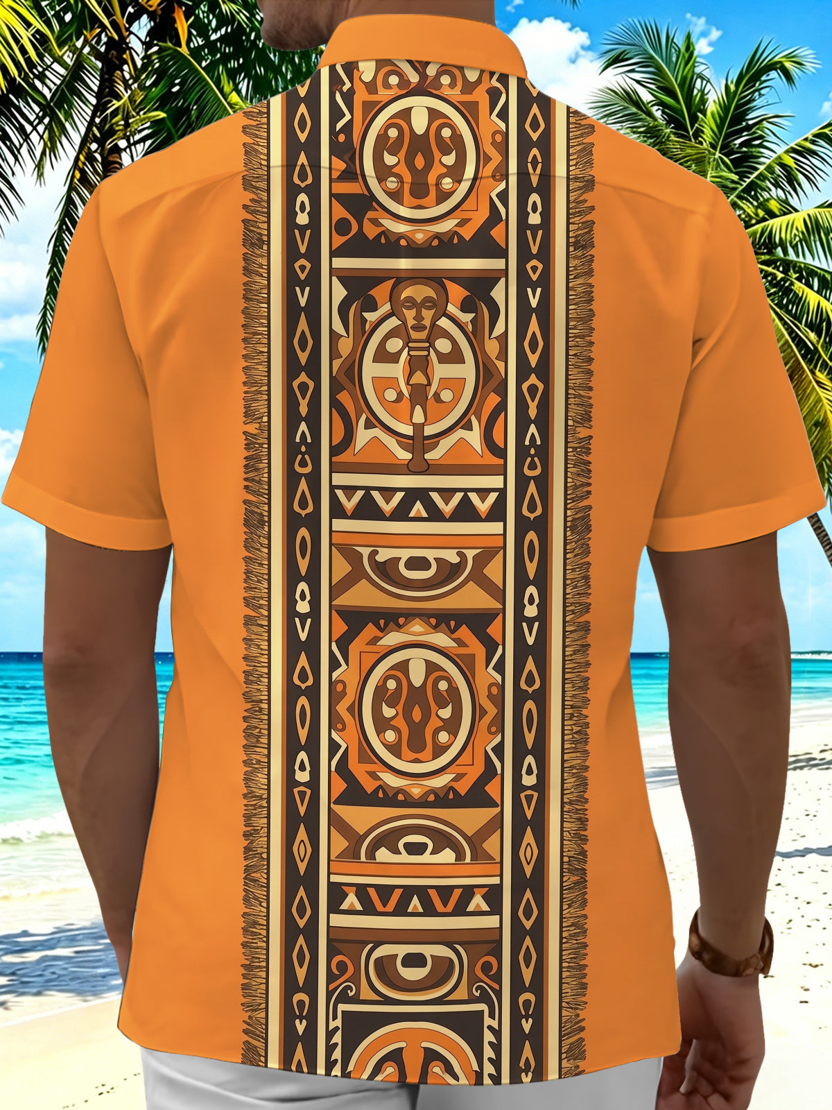 Adaychic Men's Patterned Tribal Geometric Pattern Short Sleeve Shirt with Chest Pocket