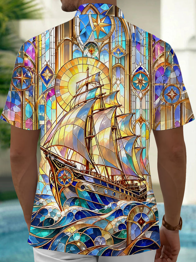 Adaychic Men's Printed Stained Glass Sailing Ship Print Short Sleeve Shirt with Chest Pocket