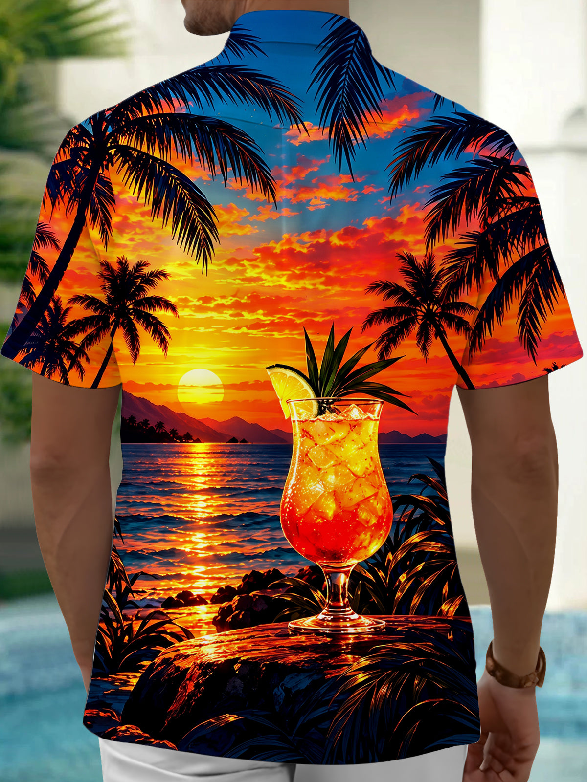 Adaychic Men's Short Sleeve Shirt - Tropical Sunset With Cocktail And Palm Trees Print with Chest Pocket