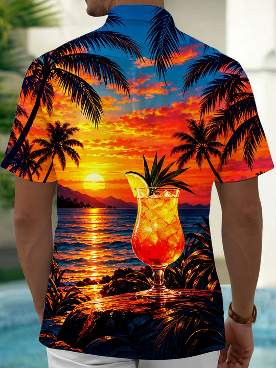 Adaychic Men's Short Sleeve Shirt - Tropical Sunset With Cocktail And Palm Trees Print with Chest Pocket