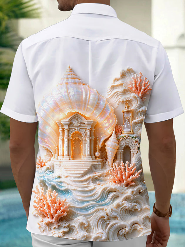 Adaychic Men's 3D Relief Seashell Undersea Temple Print Short Sleeve Shirt with Chest Pocket
