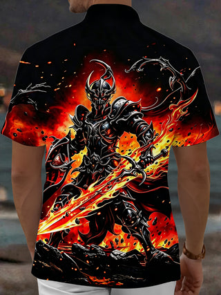 Adaychic Men's Graphic Flame Print Halloween Print Short Sleeve Shirt with Chest Pocket