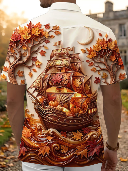Adaychic Men's Graphic Autumn Sailing Ship Print Short Sleeve Shirt with Chest Pocket