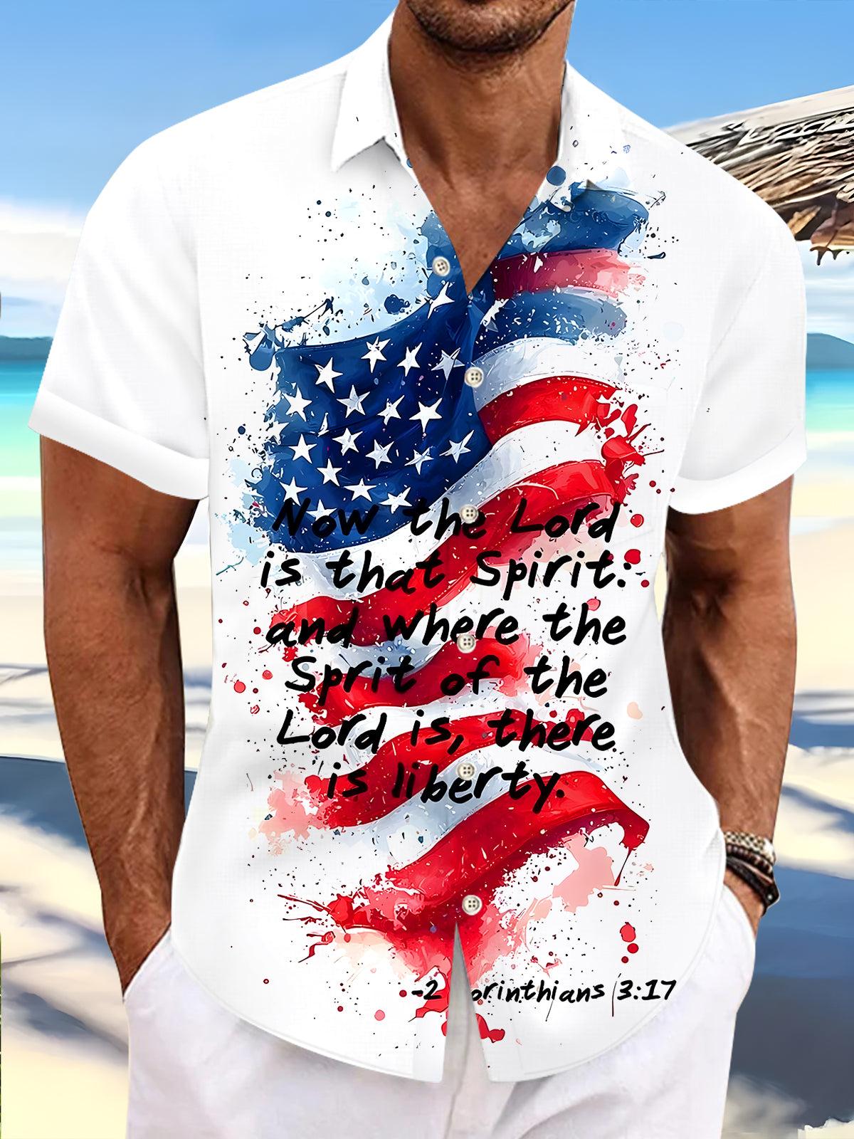 Men's American flag print pocket short sleeve shirt front view for Independence Day