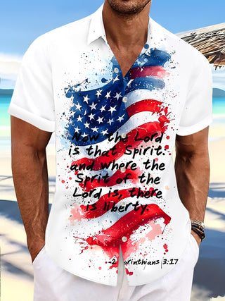 Men's American flag print pocket short sleeve shirt front view for Independence Day
