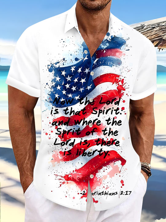 Men's American flag print pocket short sleeve shirt front view for Independence Day
