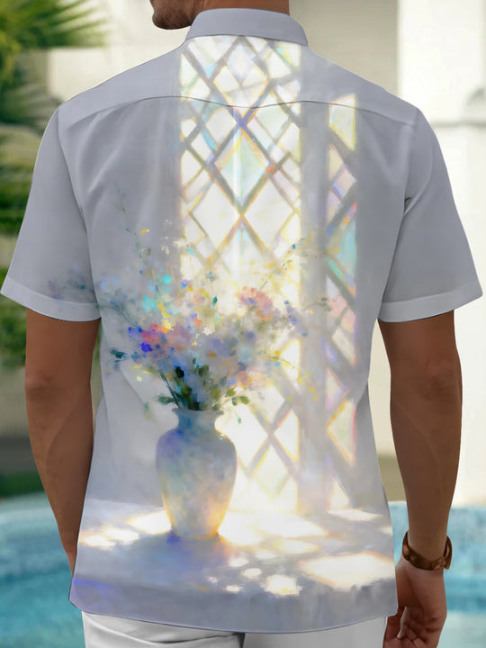 Adaychic Men's Printed Flower Vase Print Short Sleeve Shirt with Chest Pocket