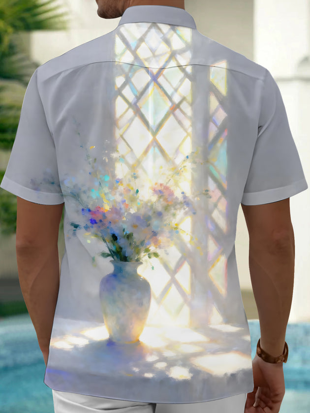 Adaychic Men's Printed Flower Vase Print Short Sleeve Shirt with Chest Pocket