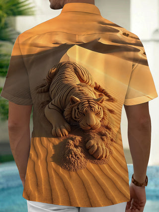 Adaychic Men's Printed Sand Tiger Print Short Sleeve Shirt with Chest Pocket