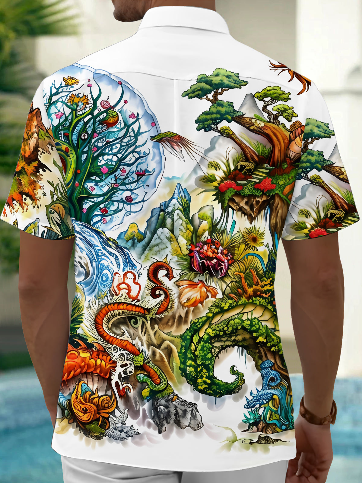 Adaychic Men's Hawaiian Fantasy Landscape Print Short Sleeve Shirt with Chest Pocket