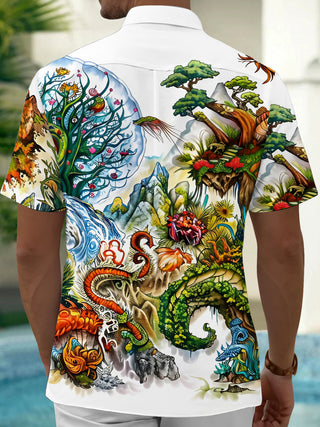 Adaychic Men's Hawaiian Fantasy Landscape Print Short Sleeve Shirt with Chest Pocket
