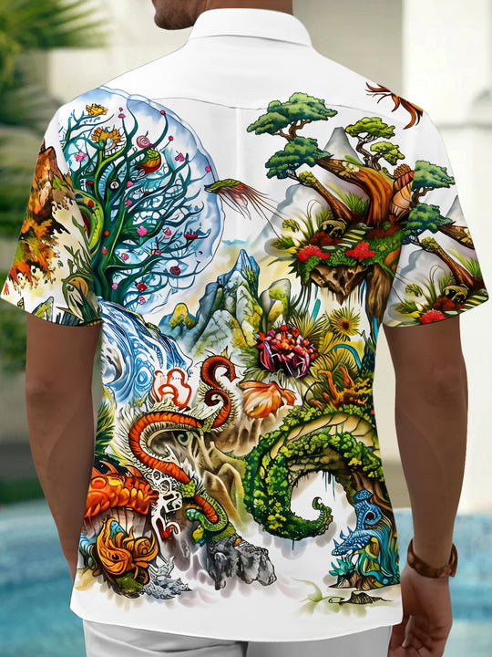 Adaychic Men's Hawaiian Fantasy Landscape Print Short Sleeve Shirt with Chest Pocket