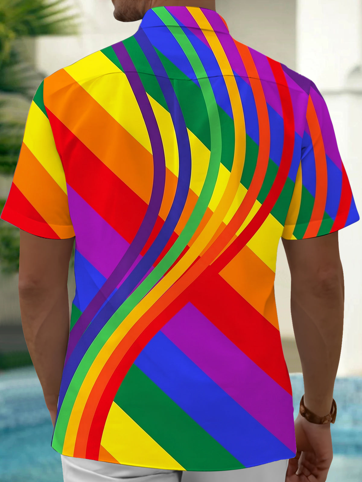 Adaychic Men's Printed Rainbow Wavy Stripes Print Short Sleeve Shirt with Chest Pocket