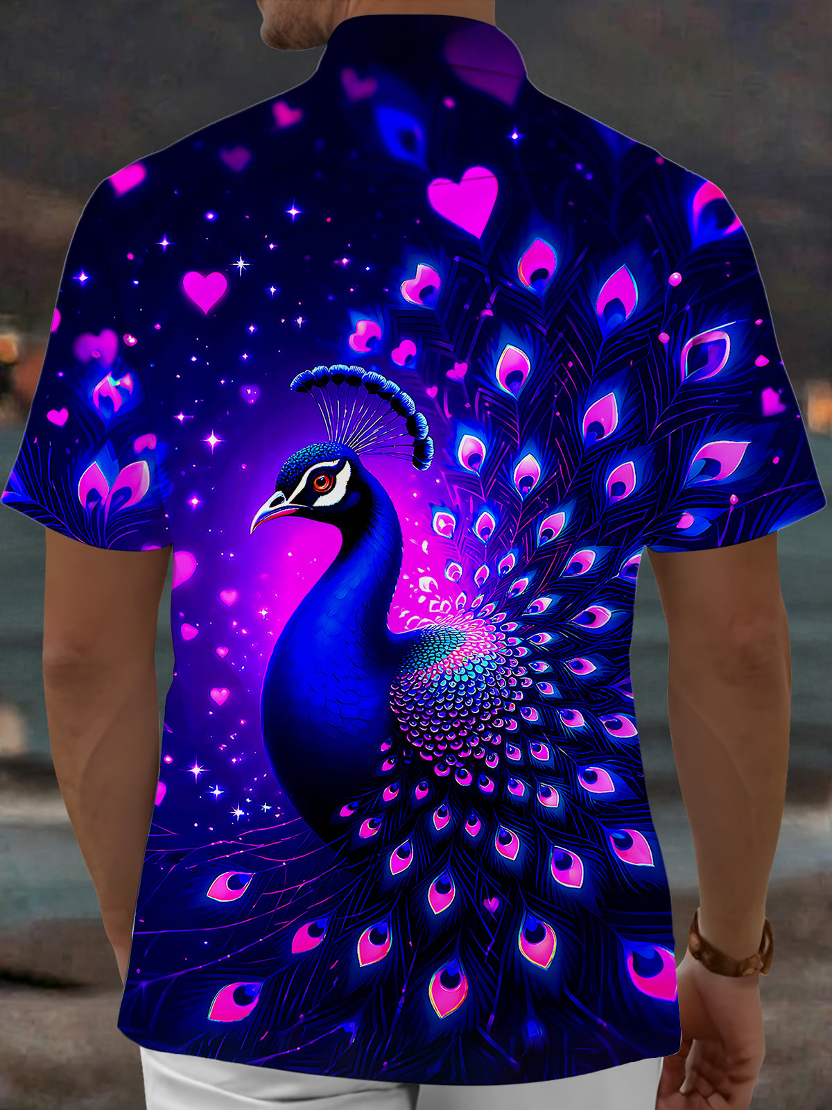 Adaychic Men's Hawaiian Neon Peacock Print Pink Hearts Print Short Sleeve Shirt with Chest Pocket