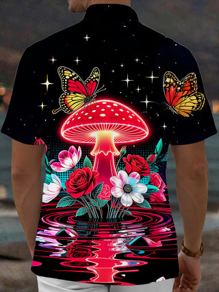 Adaychic Men's Printed Neon Mushroom Print Butterflies Print Short Sleeve Shirt with Chest Pocket