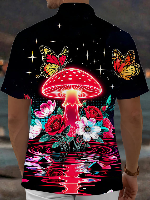 Adaychic Men's Printed Neon Mushroom Print Butterflies Print Short Sleeve Shirt with Chest Pocket