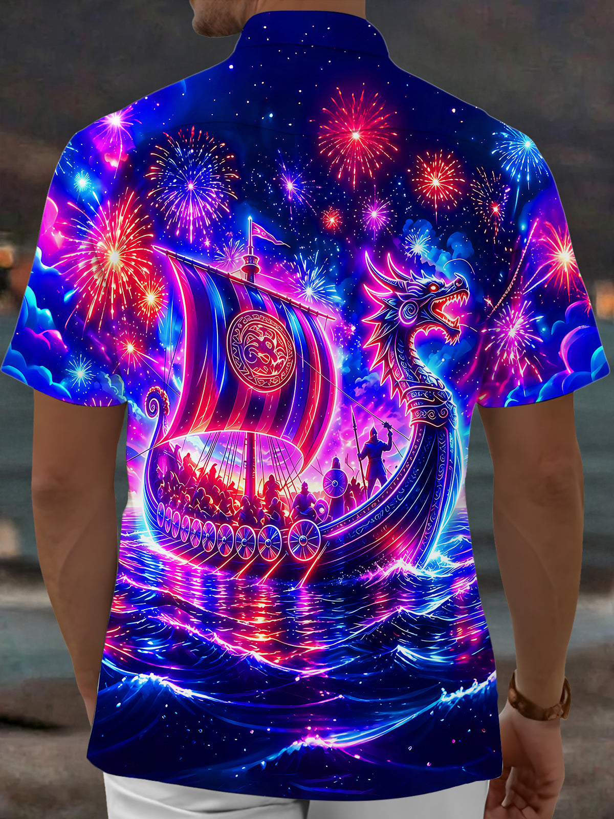 Adaychic Men's Graphic Neon Dragon Ship Print Short Sleeve Shirt with Chest Pocket