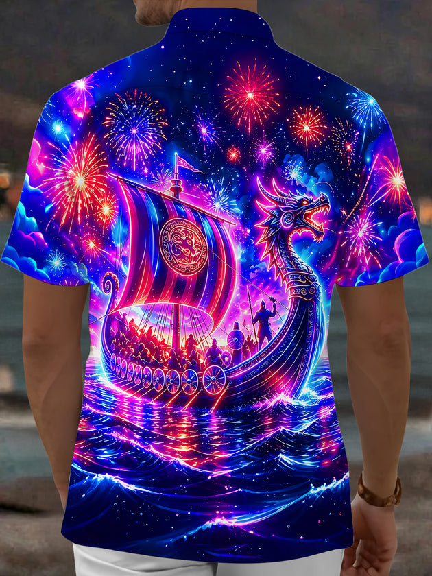 Adaychic Men's Graphic Neon Dragon Ship Print Short Sleeve Shirt with Chest Pocket