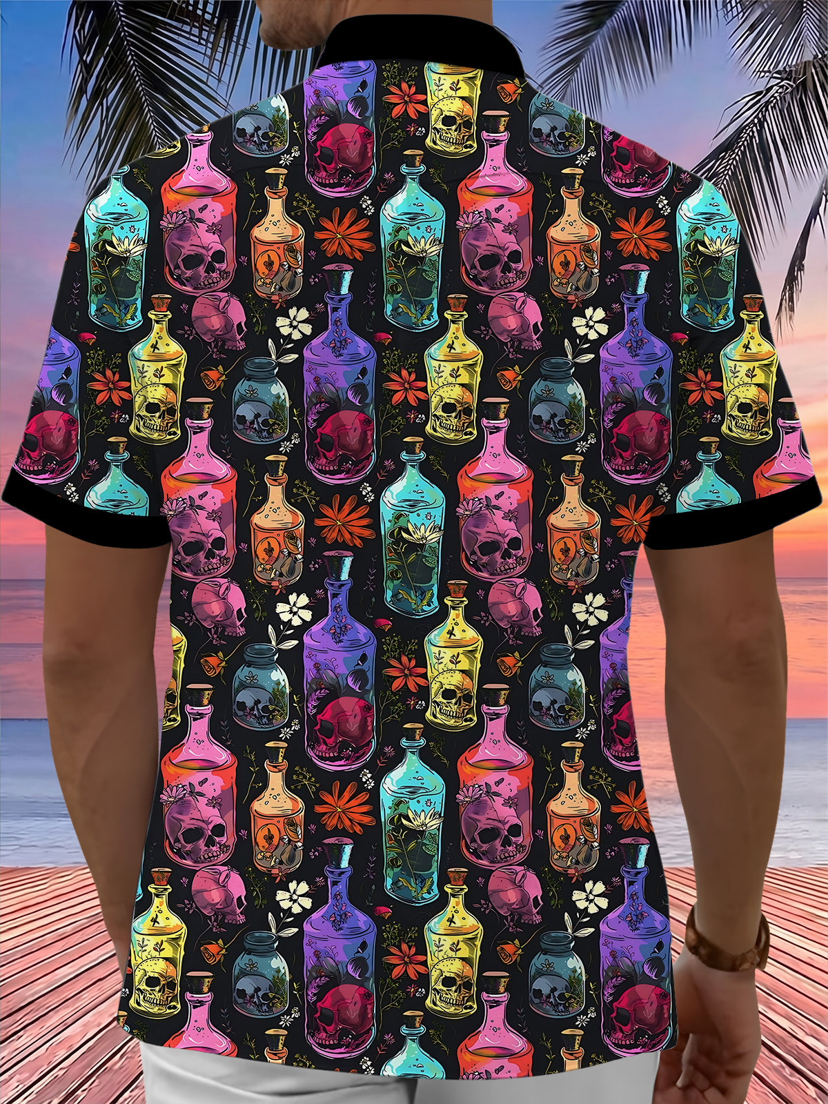 Adaychic Men's Hawaiian Skull Bottles Print Floral Pattern Short Sleeve Shirt with Chest Pocket