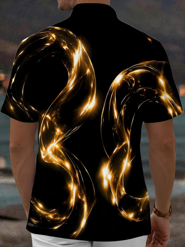 Adaychic Men's Patterned Abstract Golden Swirls Print Short Sleeve Shirt with Chest Pocket