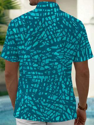 Adaychic Men's Teal Geometric Mosaic Print Short Sleeve Button Down Shirt with Chest Pocket