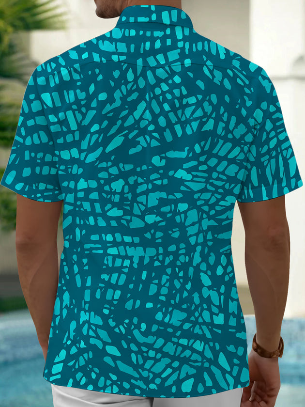 Adaychic Men's Teal Geometric Mosaic Print Short Sleeve Button Down Shirt with Chest Pocket