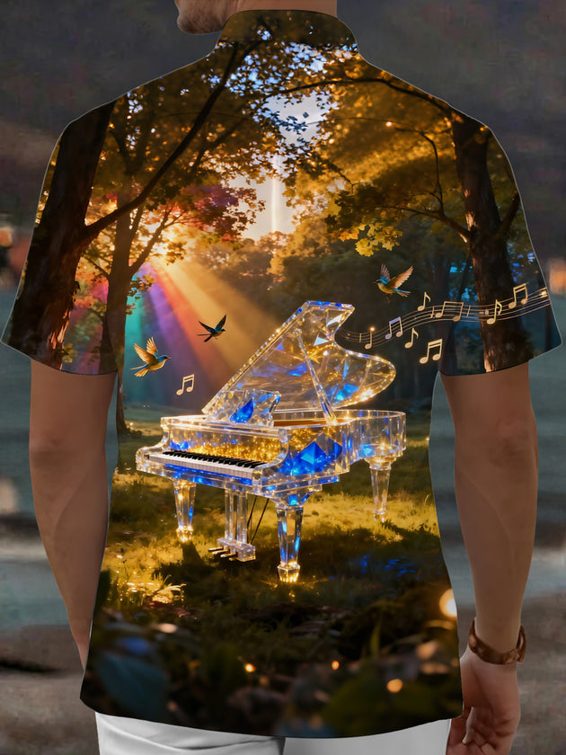 Adaychic Men's Printed Crystal Piano Print Short Sleeve Shirt with Chest Pocket