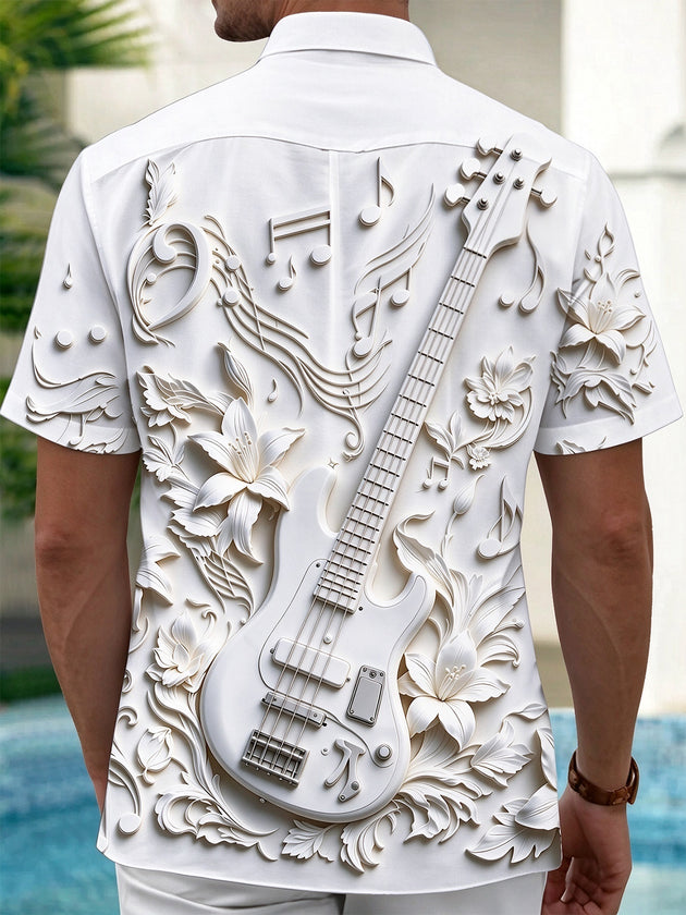 Adaychic Men's Short Sleeve Shirt - 3D Relief Bass Guitar And Floral Music Notes Print with Chest Pocket