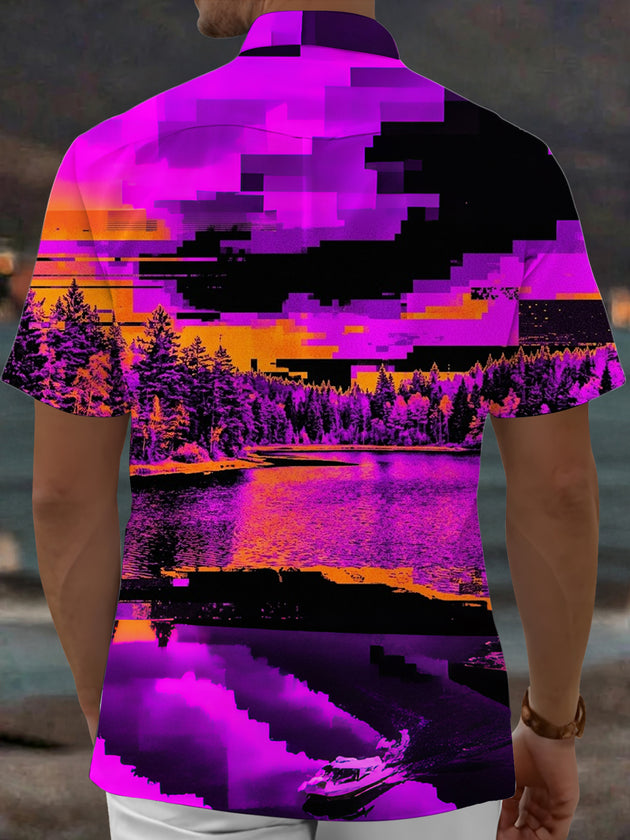 Adaychic Men's Retro Pixelated Forest Lake Scenery Print Short Sleeve Shirt with Chest Pocket