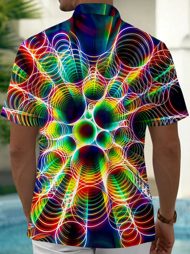 Adaychic Men's Geometric Abstract Swirl Circle Print Short Sleeve Button Down Shirt with Chest Pocket