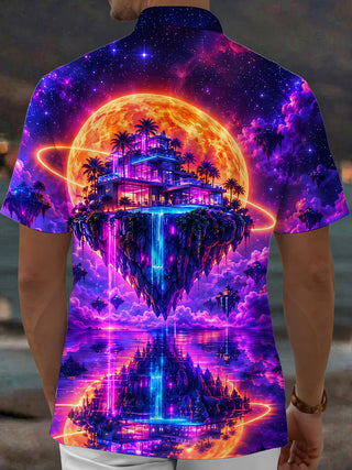 Adaychic Men's Short Sleeve Shirt - Floating Island With Modern Villa And Palm Trees Print with Chest Pocket
